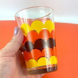 Vintage 70s water glass tumbler, groovy orange yellow brown wave print, Italy